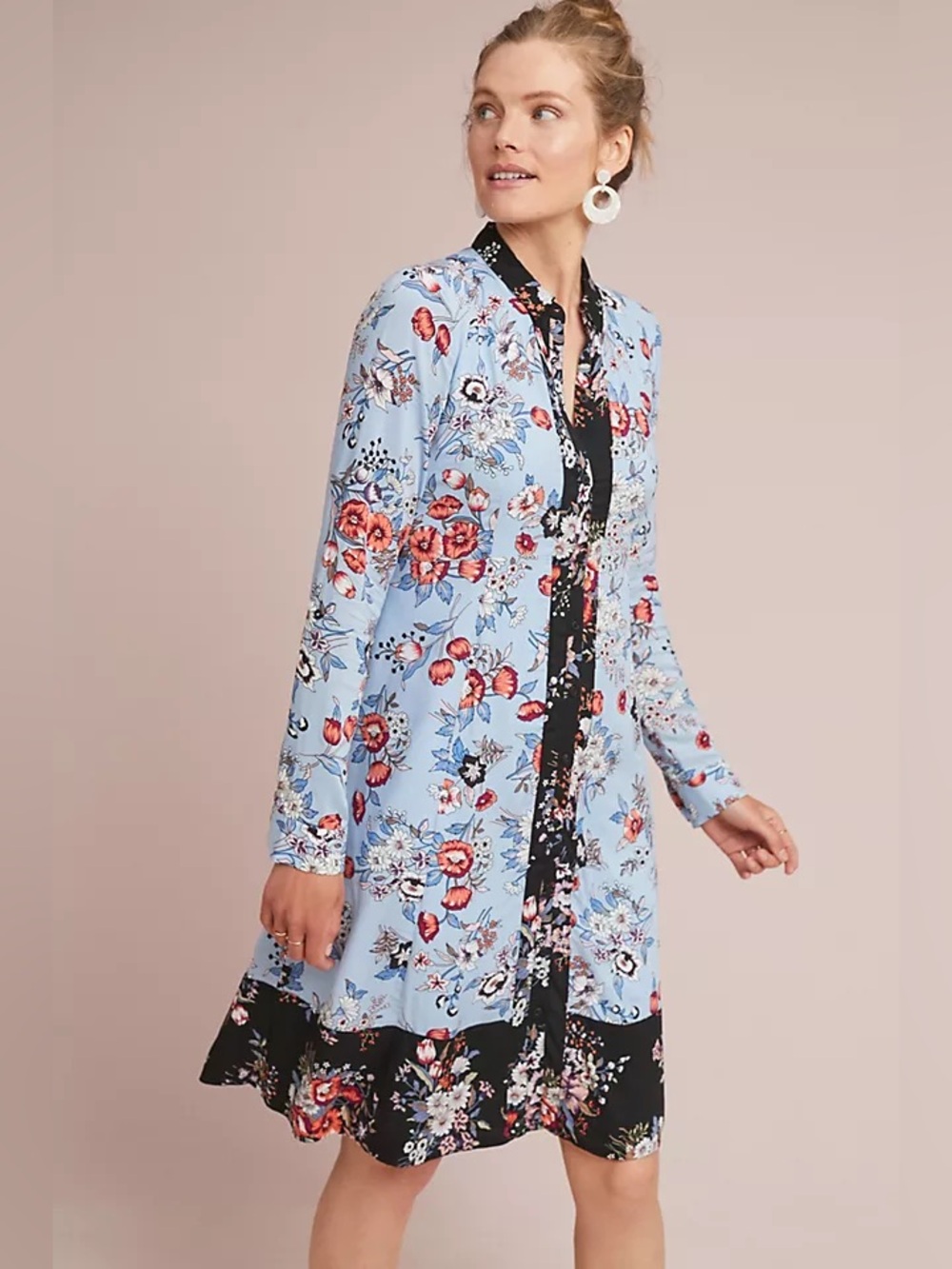 Anthropologie Maeve Leyster Light Blue Floral Long-Sleeve Shirt Dress, size 8